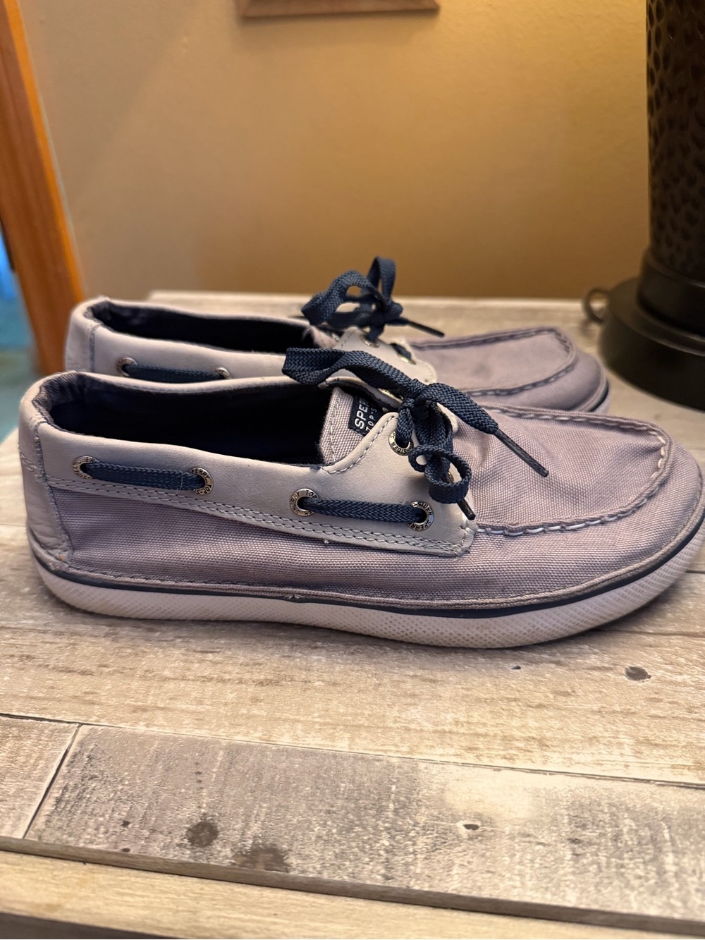 Sperry Lavender Canvas Kids Boat Shoes with Navy Laces